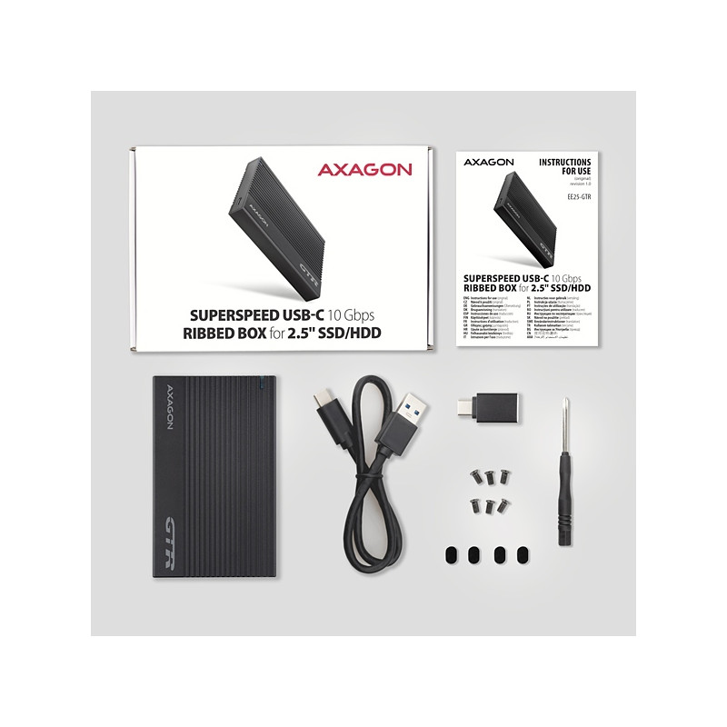 AXAGON EE25-GTR, USB-C 10Gbps - SATA 6G 2.5'' RIBBED box, čierny