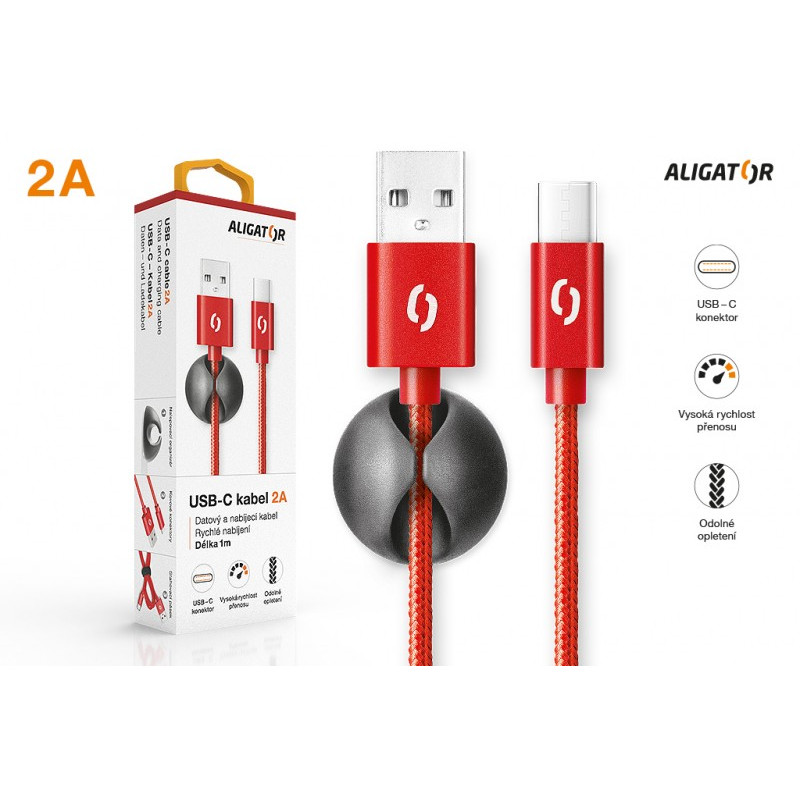 ALIGATOR PREMIUM Dátový kábel 2A, USB-C červená