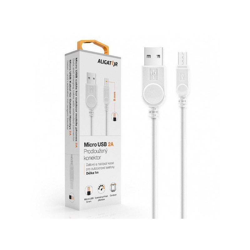 Aligator kábel microUSB predĺžený kon. 9mm Biely