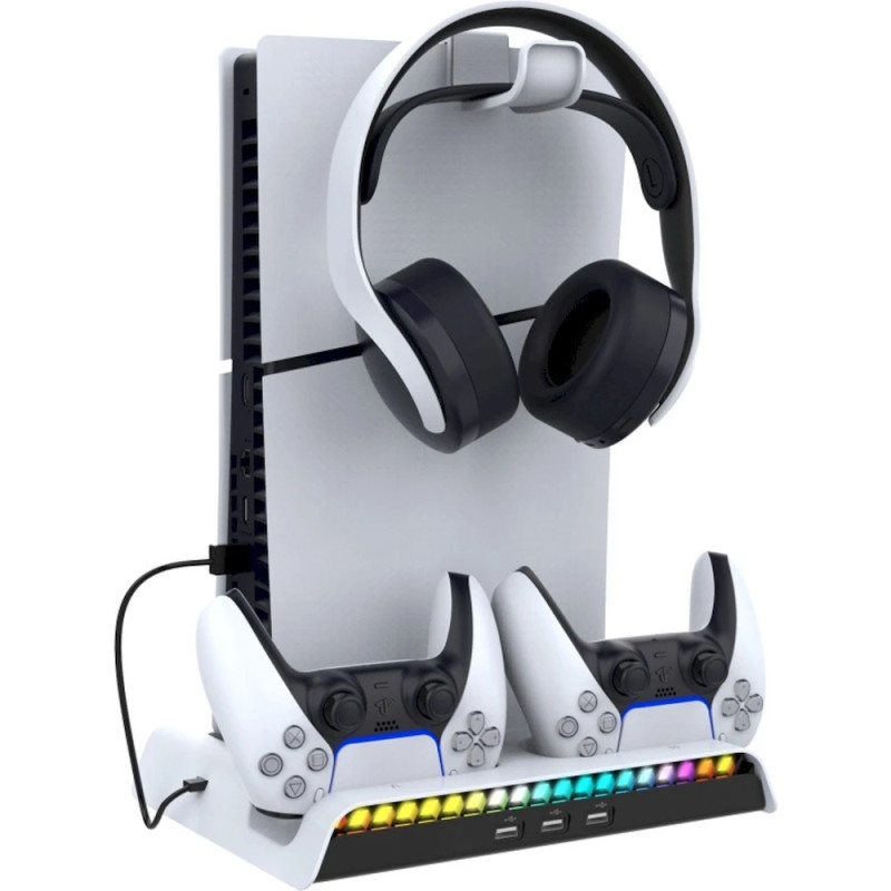 NONAME - iPega P5S006 Multifunkčný Nabíjací RGB Stojan s Chladením pre PS5 Slim White