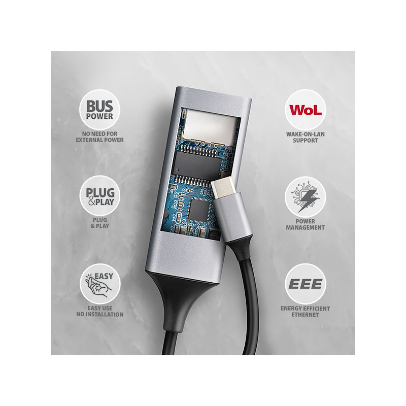 AXAGON ADE-TXPD, USB-C 3.2 Gen 1 - Gigabit Ethernet sieťová karta, Asix AX88179, PD 100W, auto inštal