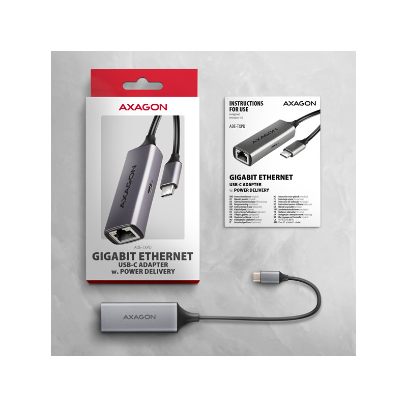 AXAGON ADE-TXPD, USB-C 3.2 Gen 1 - Gigabit Ethernet sieťová karta, Asix AX88179, PD 100W, auto inštal
