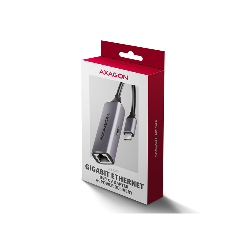 AXAGON ADE-TXPD, USB-C 3.2 Gen 1 - Gigabit Ethernet sieťová karta, Asix AX88179, PD 100W, auto inštal