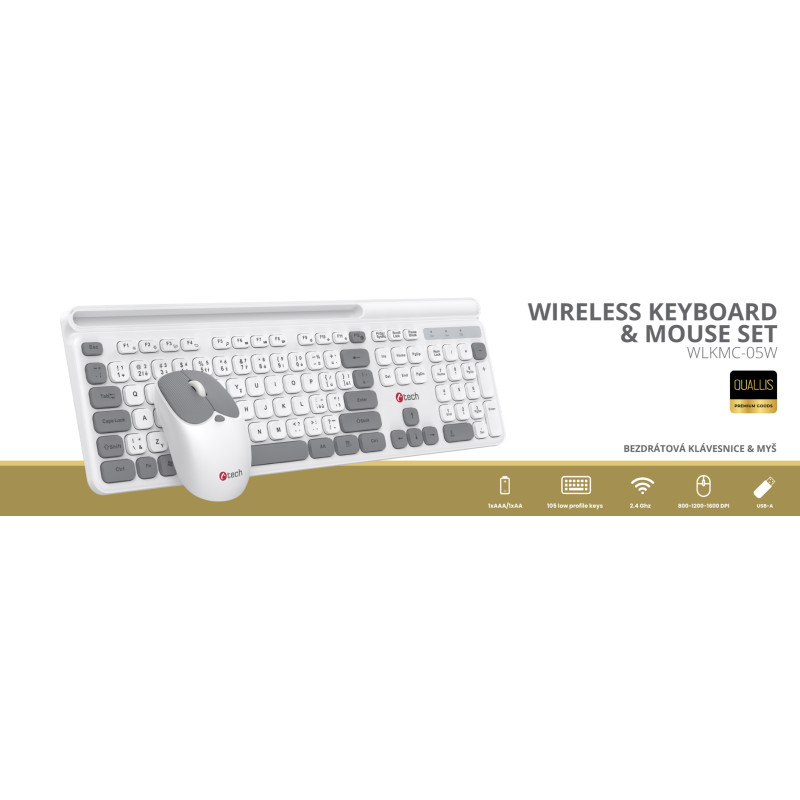 Klávesnica C-TECH Quallis WLKMC-05, bezdrôtový combo set s myšou, biela, USB, CZ/SK