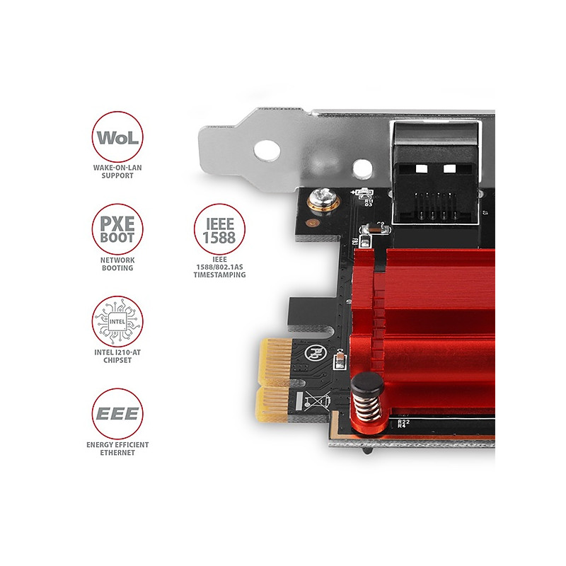 AXAGON PCEE-GIX, PCIe sieťová karta - 1x Gigabit Ethernet port (RJ-45), Intel i210AT, PXE, vr. LP