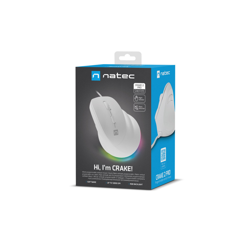 Vertikálna myš Natec CRAKE 2 PRO/Vertikálna/Optická/Pre pravákov/12 400 DPI/Drôtové USB-A/Biela