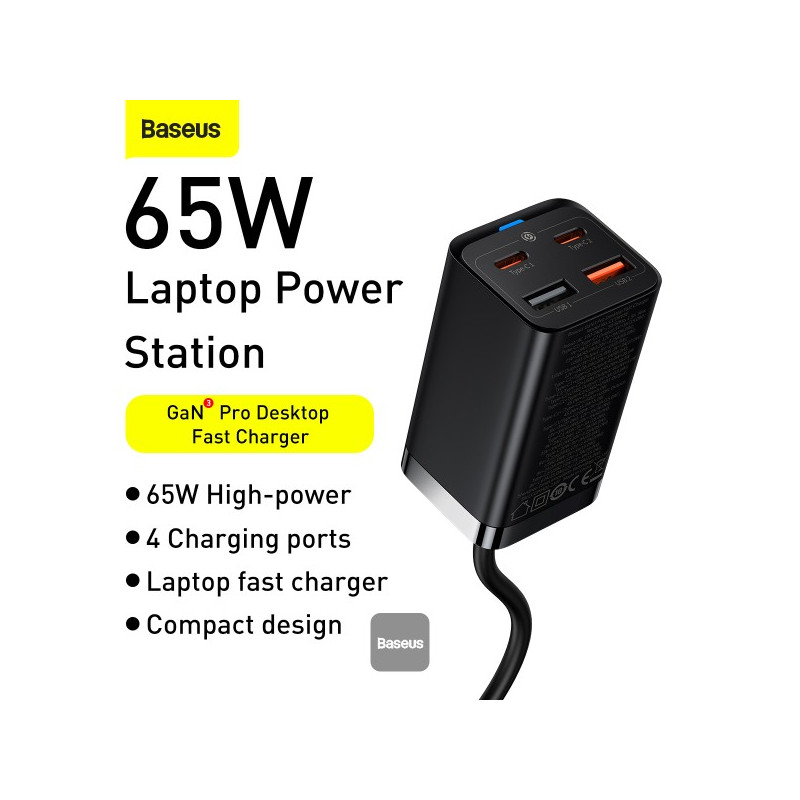 NONAME - Baseus rýchlonabíjačka do siete GaN3 Pro, 2x USB-C, 2x USB 65W čierna