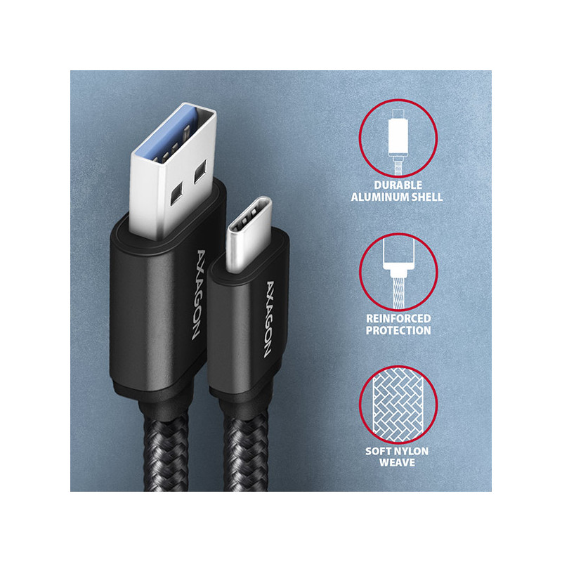 AXAGON BUCM3-AM15AB, SPEED kábel USB-C -- USB-A, 1.5m, USB 3.2 Gen 1, 3A, ALU, oplet, čierny