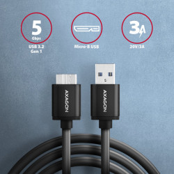 AXAGON BUMM3-AM10AB, SPEED kábel Micro-B USB -- USB-A, 1m, USB 3.2 GEN 1, 3A, ALU, tpe, čierny
