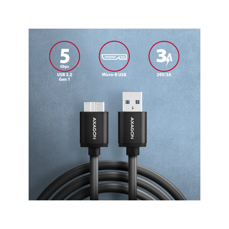 AXAGON BUMM3-AM10AB, SPEED kábel Micro-B USB -- USB-A, 1m, USB 3.2 GEN 1, 3A, ALU, tpe, čierny