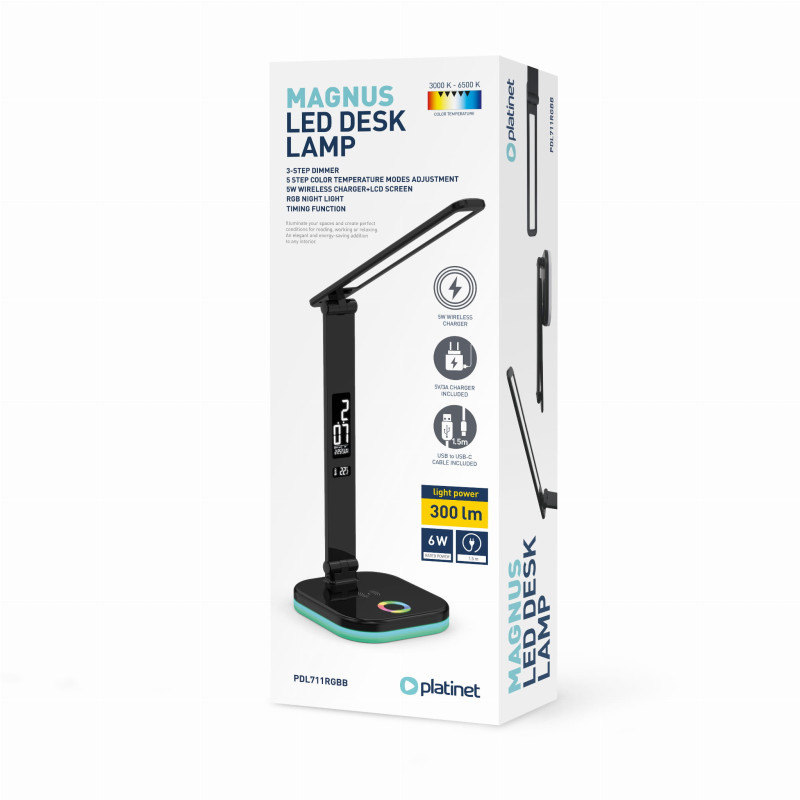 FELLOWES - Platinet PDL711RGBB stolná LED lampa stmievateľná, bezdrôtové nabíjanie, hodiny, čierna