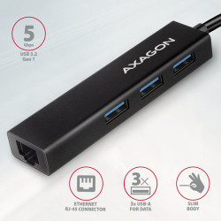 AXAGON HMC-GL3A, USB 3.2 Gen 1 húb, porty 3x USB-A + Gigabit Ethernet, kovový, kábel USB-C 20cm