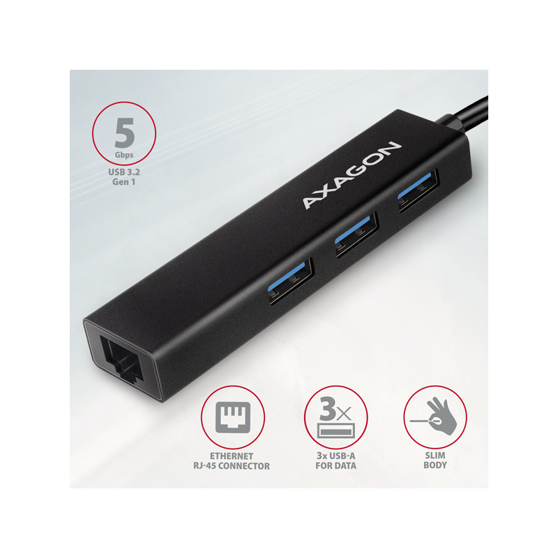 AXAGON HMC-GL3A, USB 3.2 Gen 1 húb, porty 3x USB-A + Gigabit Ethernet, kovový, kábel USB-C 20cm