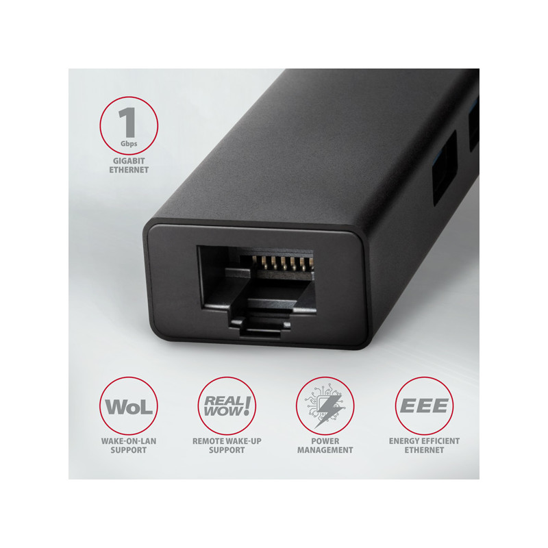AXAGON HMC-GL3A, USB 3.2 Gen 1 húb, porty 3x USB-A + Gigabit Ethernet, kovový, kábel USB-C 20cm