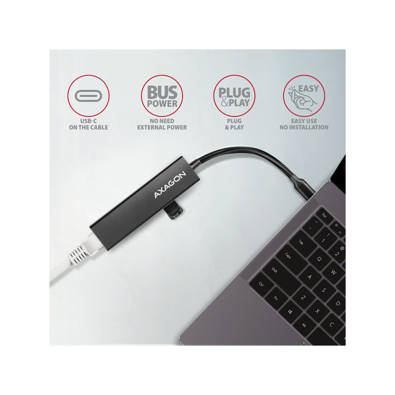 AXAGON HMC-GL3A, USB 3.2 Gen 1 húb, porty 3x USB-A + Gigabit Ethernet, kovový, kábel USB-C 20cm