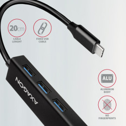 AXAGON HMC-GL3A, USB 3.2 Gen 1 húb, porty 3x USB-A + Gigabit Ethernet, kovový, kábel USB-C 20cm