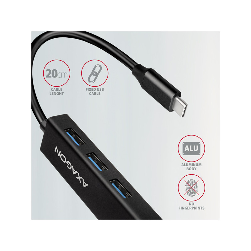 AXAGON HMC-GL3A, USB 3.2 Gen 1 húb, porty 3x USB-A + Gigabit Ethernet, kovový, kábel USB-C 20cm