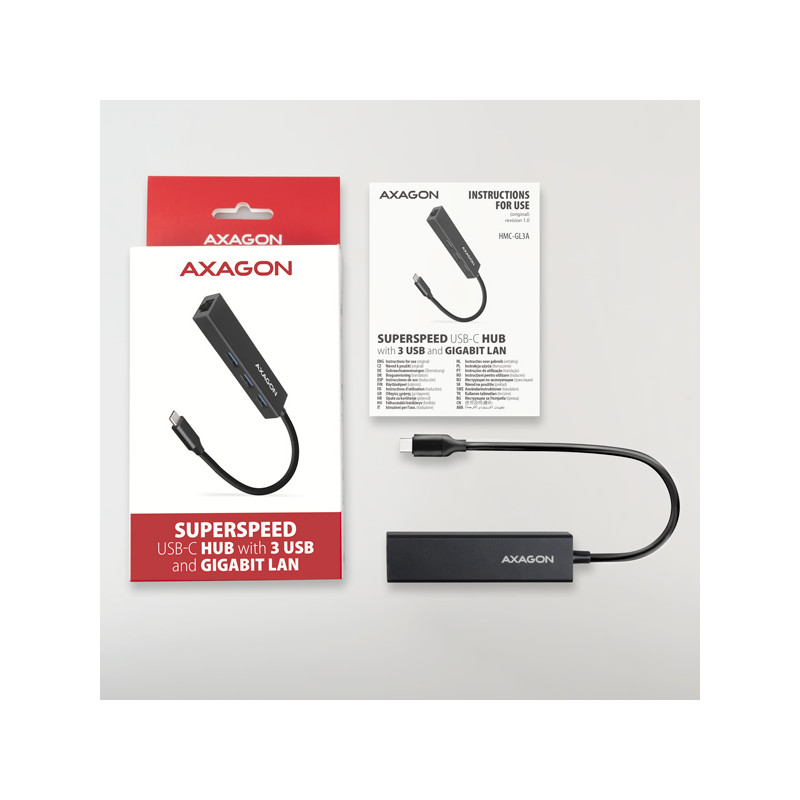 AXAGON HMC-GL3A, USB 3.2 Gen 1 húb, porty 3x USB-A + Gigabit Ethernet, kovový, kábel USB-C 20cm