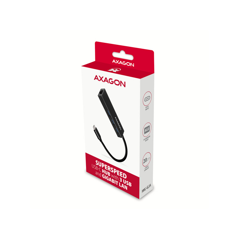 AXAGON HMC-GL3A, USB 3.2 Gen 1 húb, porty 3x USB-A + Gigabit Ethernet, kovový, kábel USB-C 20cm