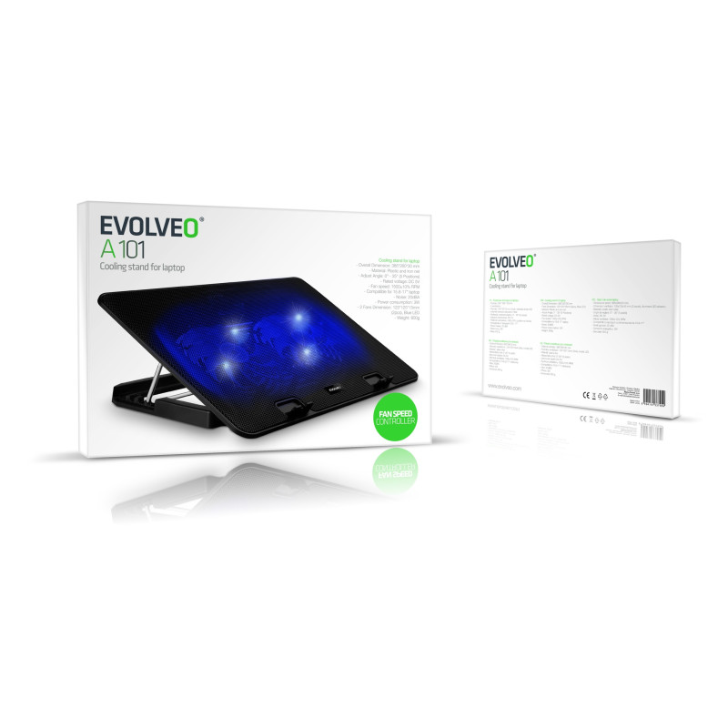 EVOLVEO A101, chladiaca podložka pre notebook, 2x ventilátor, modré podsvietenie
