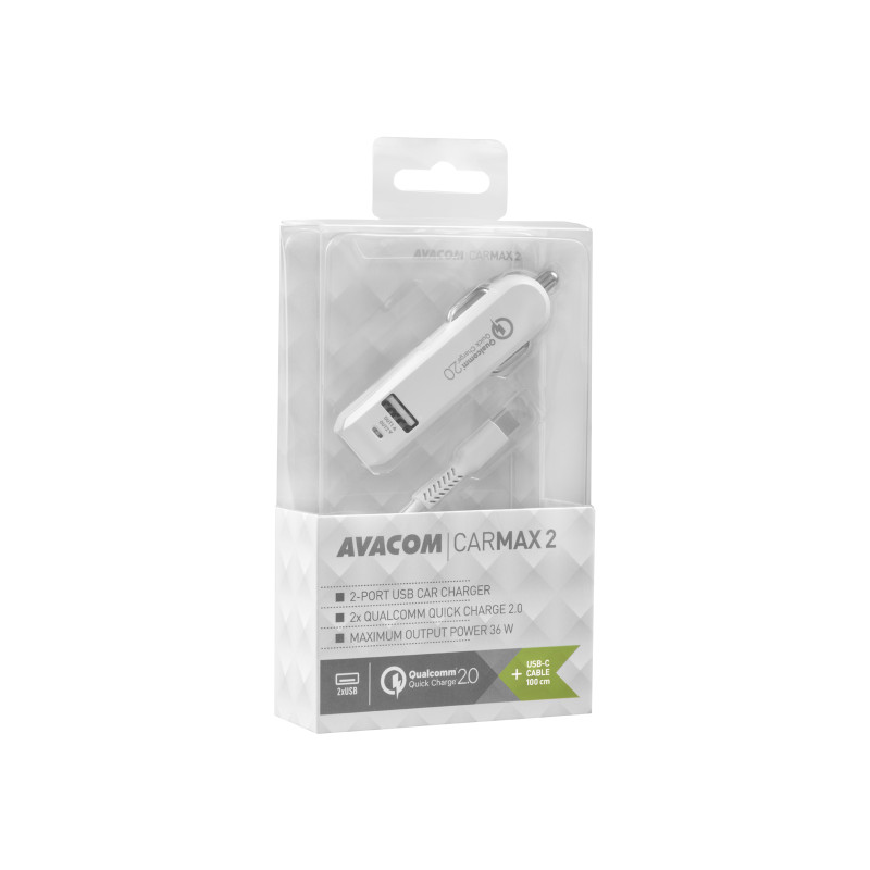 AVACOM CarMAX 2 nabíjačka do auta 2x Qualcomm Quick Charge 2.0, biela farba (USB-C kábel)