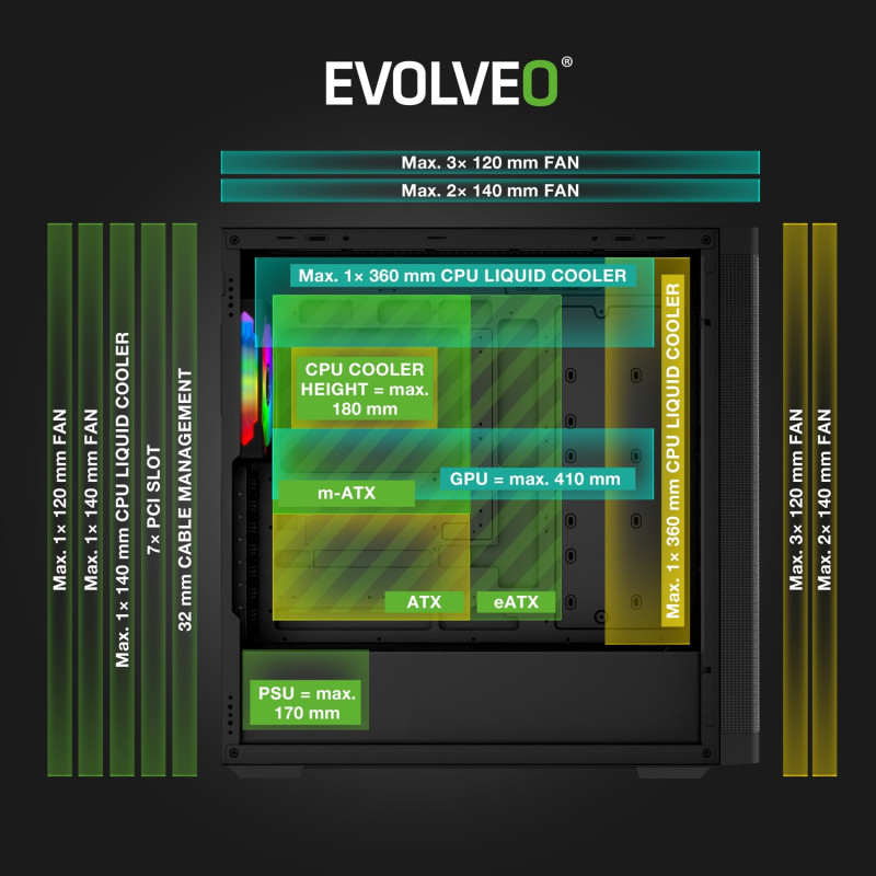 EVOLVEO Scorpio, Big Tower/4x ARGB/sklo+mriežka