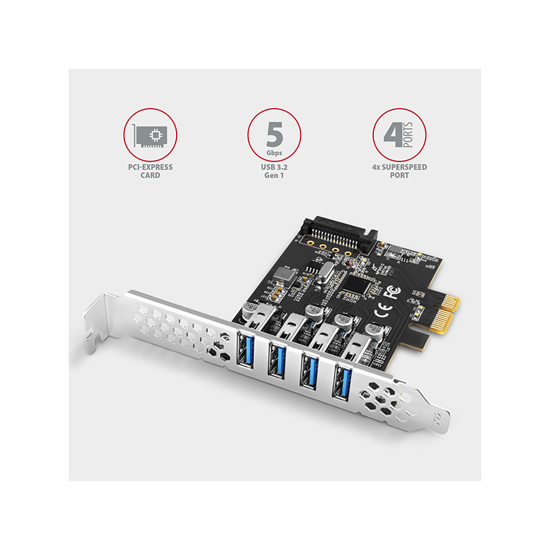 AXAGON PCEU-43RS, PCIe radič, 4x USB 3.2 Gen 1 port, 5 Gbps, napájanie z PCIe alebo SATA, SP & LP