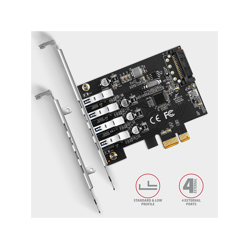 AXAGON PCEU-43RS, PCIe radič, 4x USB 3.2 Gen 1 port, 5 Gbps, napájanie z PCIe alebo SATA, SP & LP