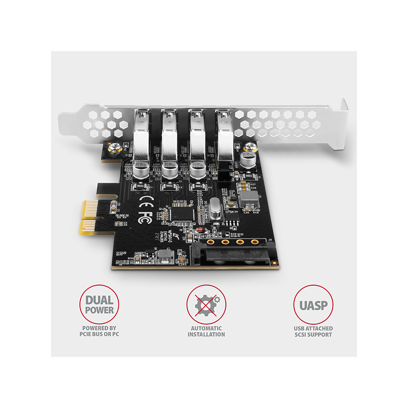 AXAGON PCEU-43RS, PCIe radič, 4x USB 3.2 Gen 1 port, 5 Gbps, napájanie z PCIe alebo SATA, SP & LP