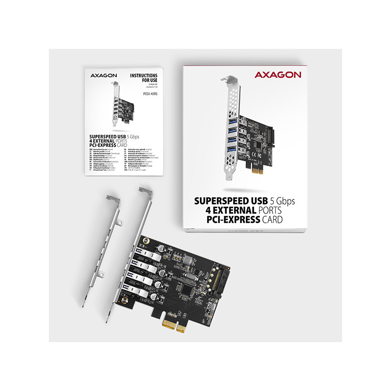 AXAGON PCEU-43RS, PCIe radič, 4x USB 3.2 Gen 1 port, 5 Gbps, napájanie z PCIe alebo SATA, SP & LP