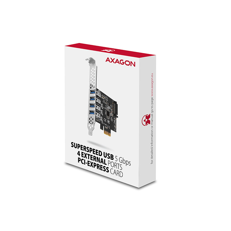 AXAGON PCEU-43RS, PCIe radič, 4x USB 3.2 Gen 1 port, 5 Gbps, napájanie z PCIe alebo SATA, SP & LP