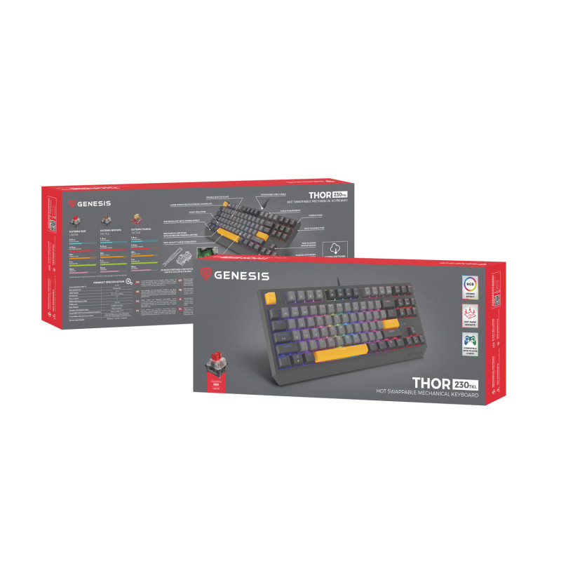 Genesis herná klávesnica THOR 230/TKL/RGB/Outemu Red/Drôtová USB/US layout/Anchor Negative Šedá