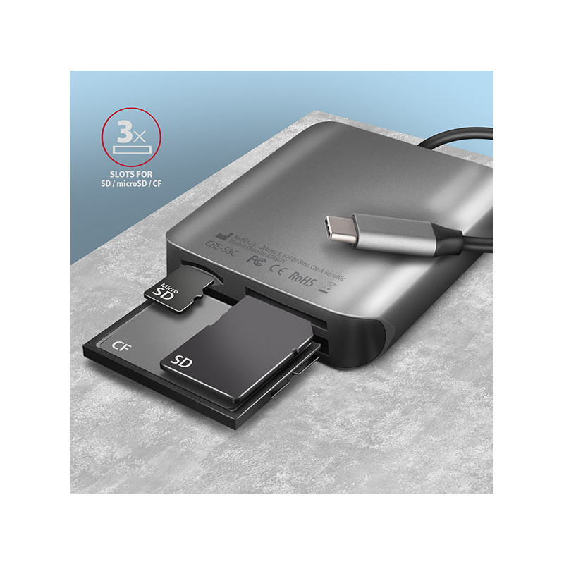 AXAGON CRE-S3C, USB-C 3.2 Gen 1 - SUPERSPEED čítačka kariet 3-slot & lun SD/microSD/CF, podpora UHS-II