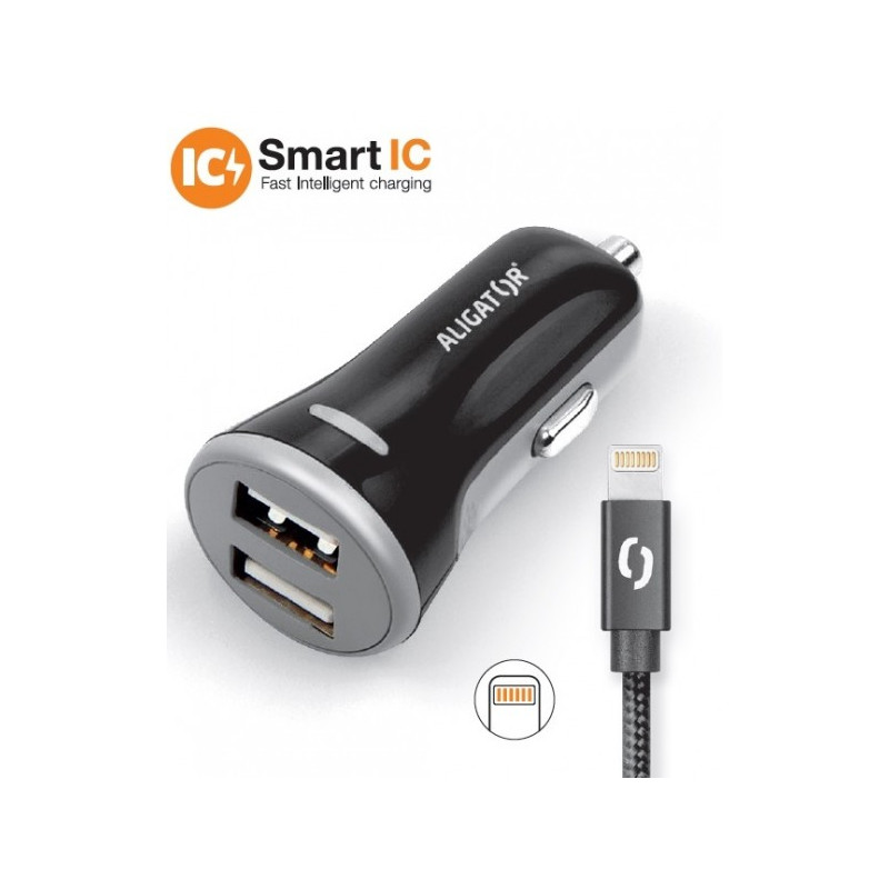 ALIGATOR 3.4A, 2xUSB, smart IC, čierna, USB kábel pre iPhone/iPad