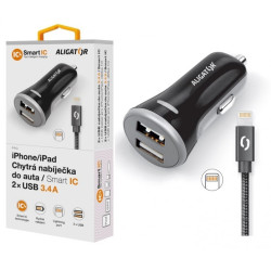 ALIGATOR 3.4A, 2xUSB, smart IC, čierna, USB kábel pre iPhone/iPad