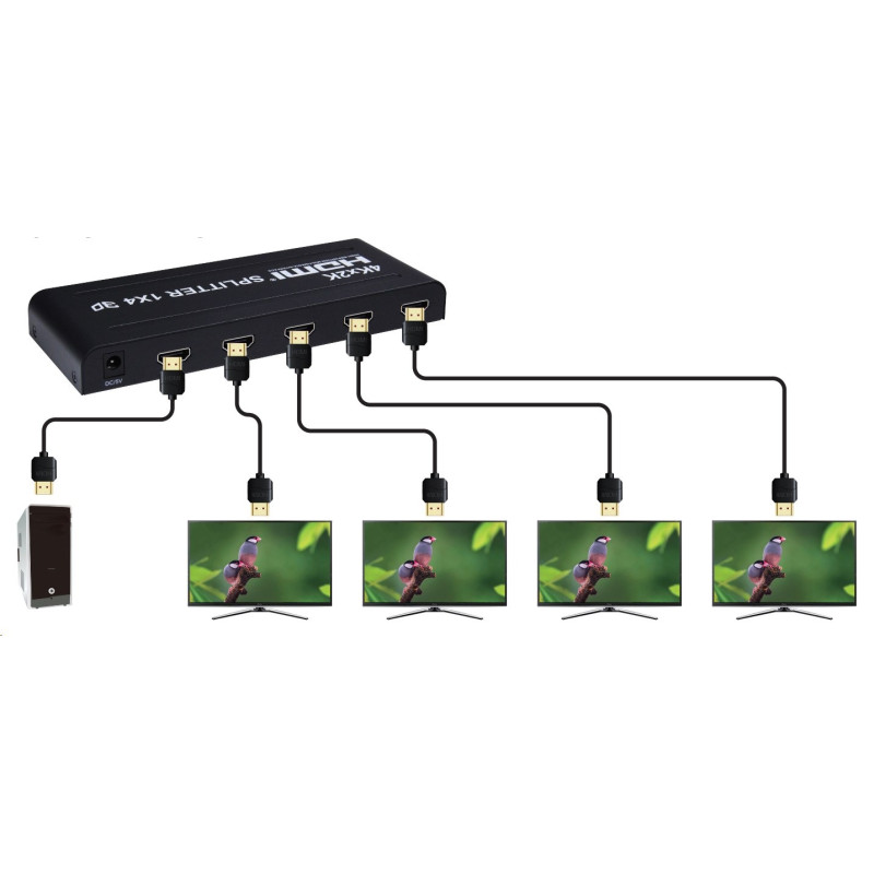PremiumCord HDMI splitter 1-4 portov kovový s napájacím adaptérom, 3D, FULL HD