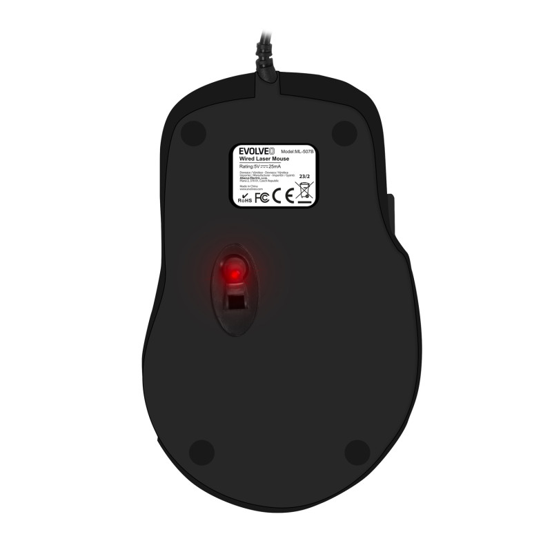 EVOLVEO ML-507B/Ergonomická/Laserová/Pre pravákov/1 600 DPI/Drôtová USB/Čierna