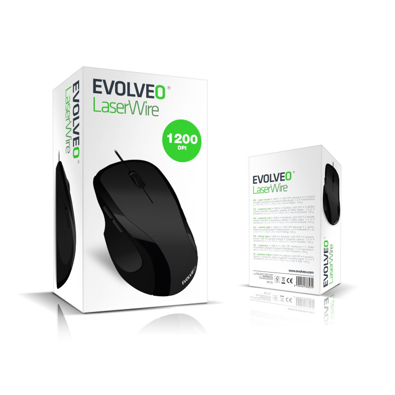 EVOLVEO ML-507B/Ergonomická/Laserová/Pre pravákov/1 600 DPI/Drôtová USB/Čierna