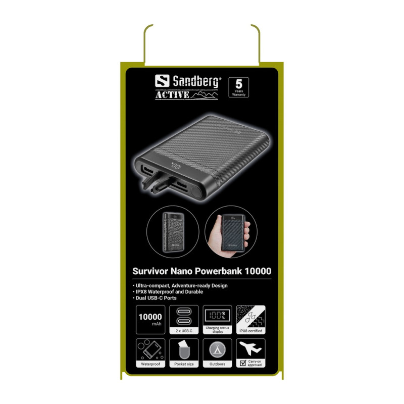 NONAME - Sandberg Survivor Nano Powerbank 10000 mAh, outdoorová powerbanka s USB-C PD, čierna