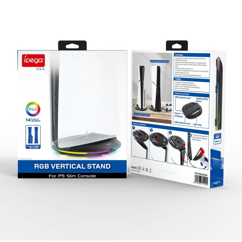 NONAME - iPega P5S035SAH Vertikálny Stojan (2xUSB-A) s RGB pre PS5 Slim/PS5 Pre Black