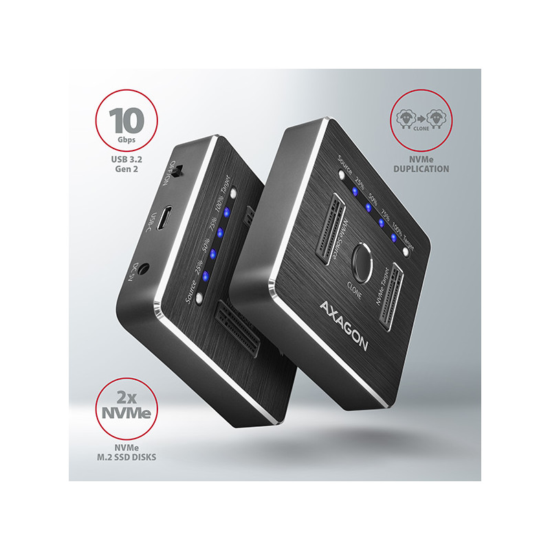 AXAGON ADSA-M2C, USB-C 10Gbps dokovacia stanica pre 2× M.2 NVMe SSD s funkciou klonovania