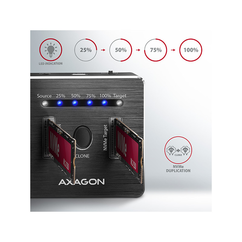 AXAGON ADSA-M2C, USB-C 10Gbps dokovacia stanica pre 2× M.2 NVMe SSD s funkciou klonovania