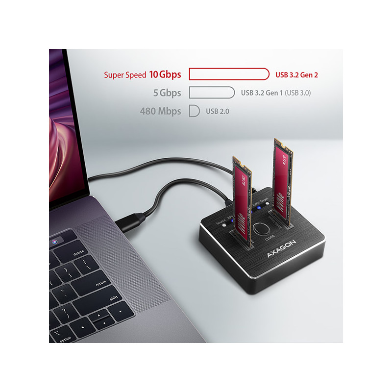 AXAGON ADSA-M2C, USB-C 10Gbps dokovacia stanica pre 2× M.2 NVMe SSD s funkciou klonovania