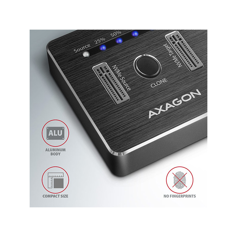 AXAGON ADSA-M2C, USB-C 10Gbps dokovacia stanica pre 2× M.2 NVMe SSD s funkciou klonovania