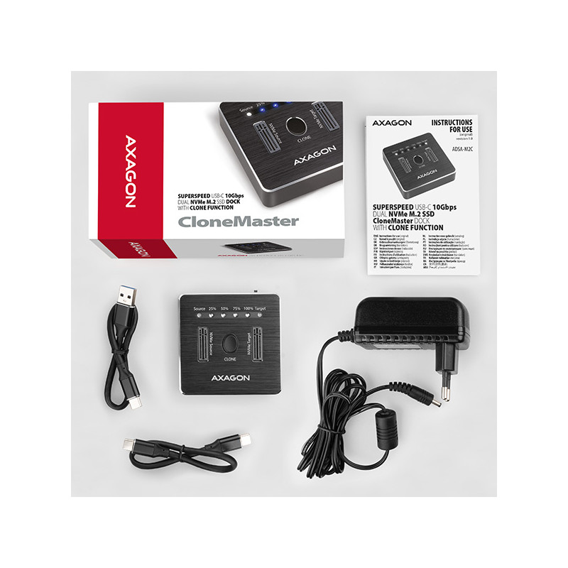 AXAGON ADSA-M2C, USB-C 10Gbps dokovacia stanica pre 2× M.2 NVMe SSD s funkciou klonovania