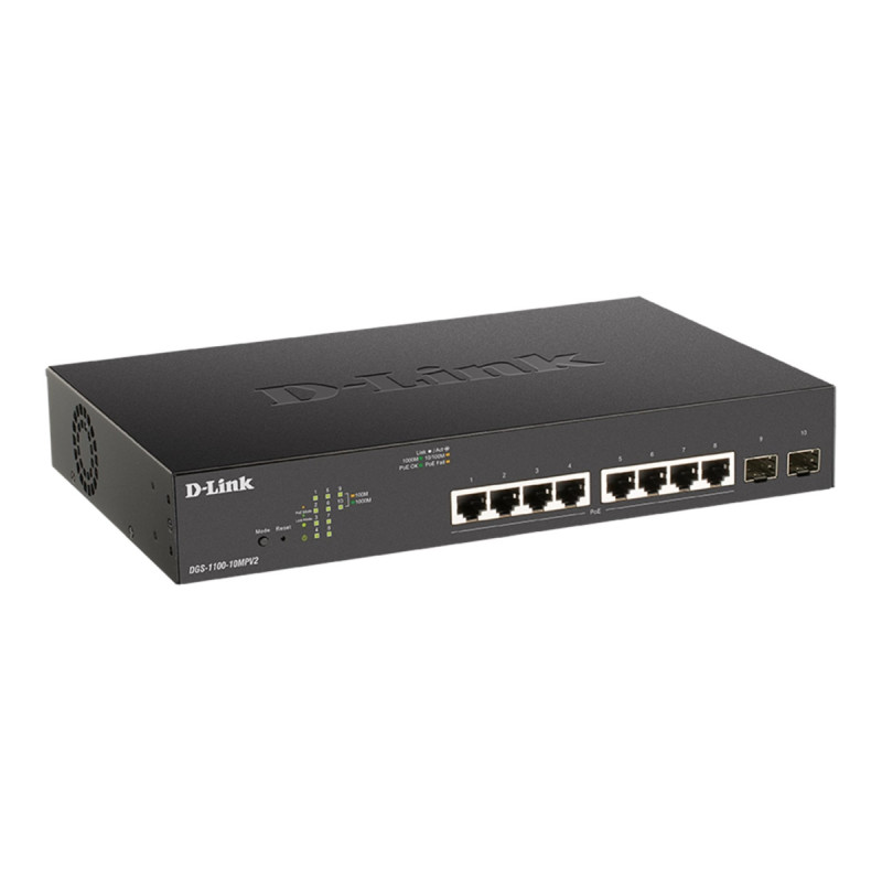 D-Link DGS-1100-10MPV2, 8x 1000Base-T 802.3af/802.3at PoE, 2x SFP, 130W PoE budget