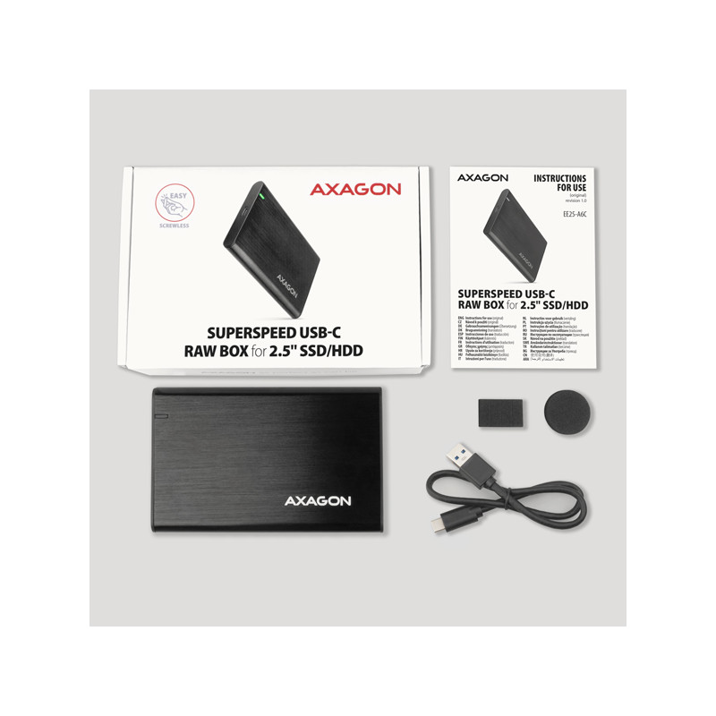 AXAGON EE25-A6C, USB-C 3.2 Gen 1 - SATA 6G 2.5'' kovový RAW box, bezskrutkový