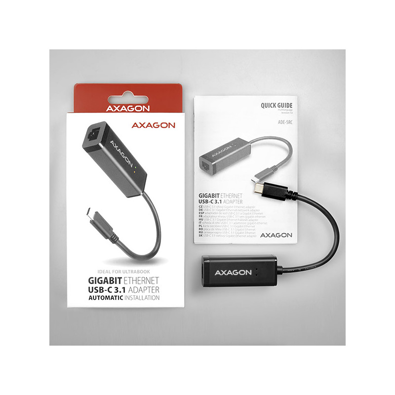 AXAGON ADE-SRC, USB-C 3.2 Gen 1 - Gigabit Ethernet sieťová karta, auto inštal, čierna