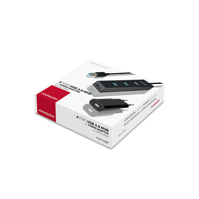 AXAGON HUE-S2BP, 4x USB 3.0 CHARGING húb, vr. AC adaptéra, kábel USB-A 1.2m