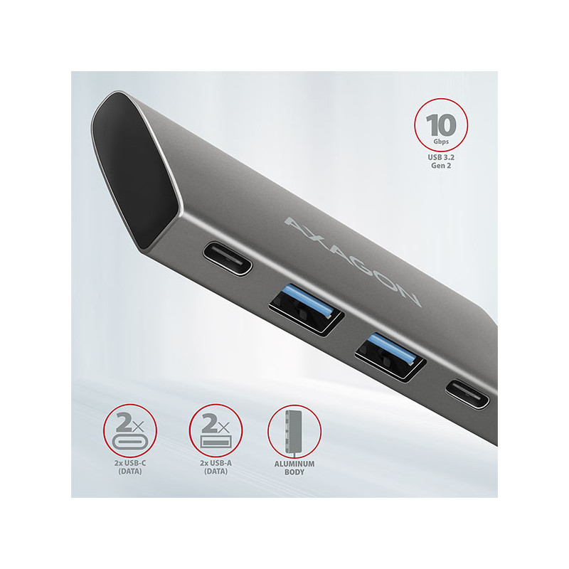 AXAGON HMC-4G2, USB-C 3.2 Gen 2 10 Gb/s húb, porty 2x USB-A + 2x USB-C, kábel USB-C 13cm
